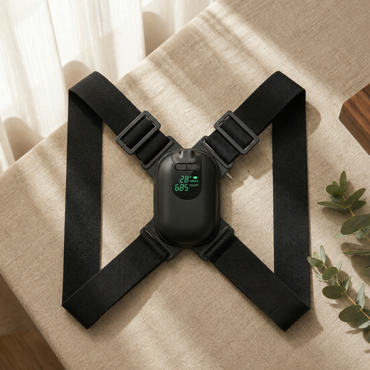 A black electronic chest harness with adjustable straps and a central digital display, laid flat on a beige fabric surface with soft window light and a small eucalyptus sprig nearby.