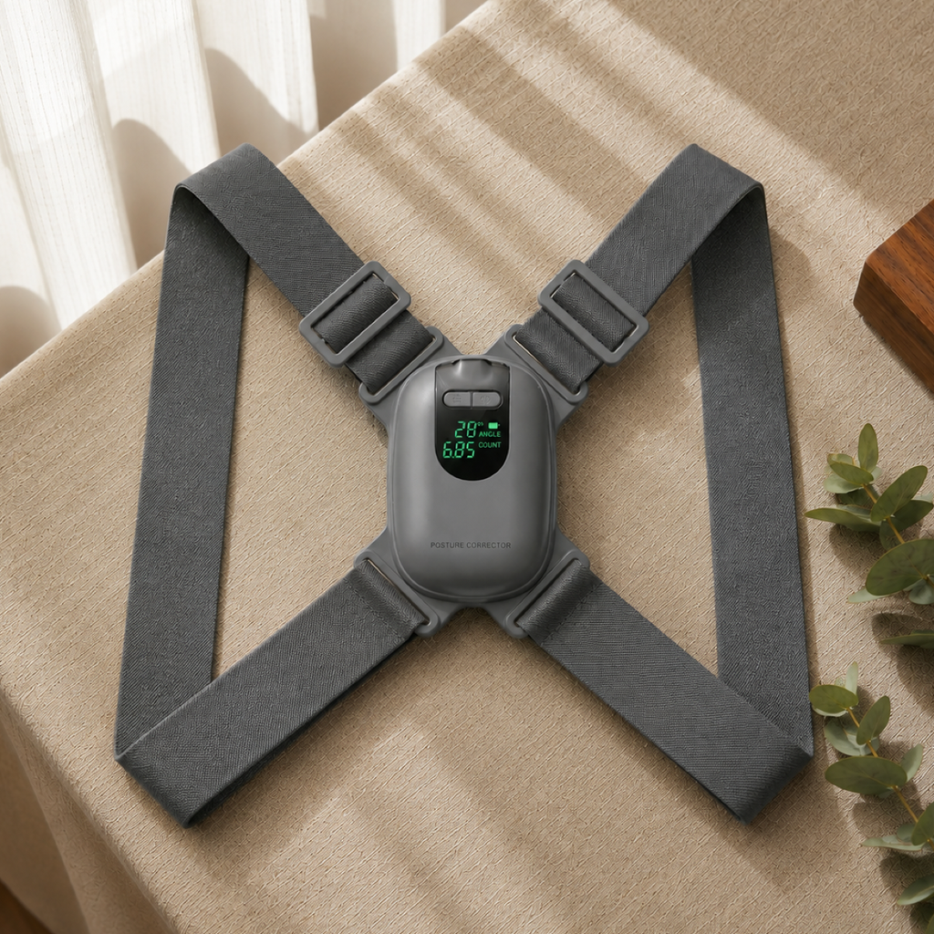 A gray wearable chest support harness with adjustable straps and a central digital control unit, displayed on a beige fabric-covered surface with soft window light and a small green plant sprig nearby.