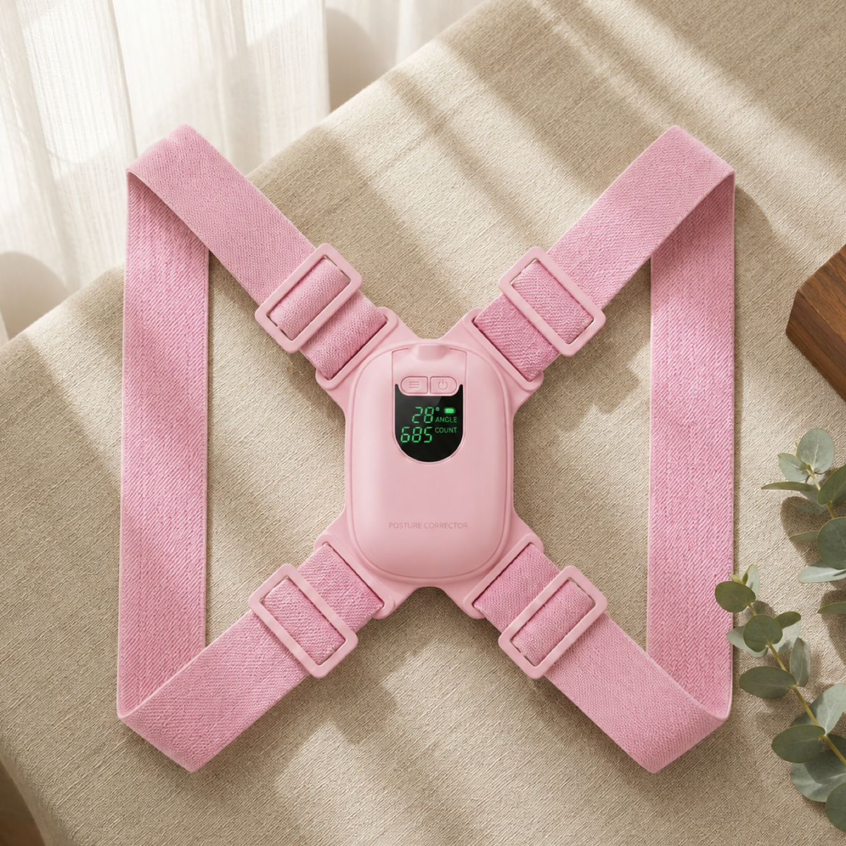 A pink wearable chest/shoulder support harness with adjustable straps and a small central digital display, laid flat on a beige fabric surface with soft window light and a small eucalyptus sprig nearby.