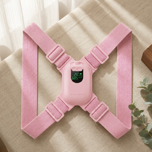 A pink wearable chest/shoulder support harness with adjustable straps and a small central digital display, laid flat on a beige fabric surface with soft window light and a small eucalyptus sprig nearby.
